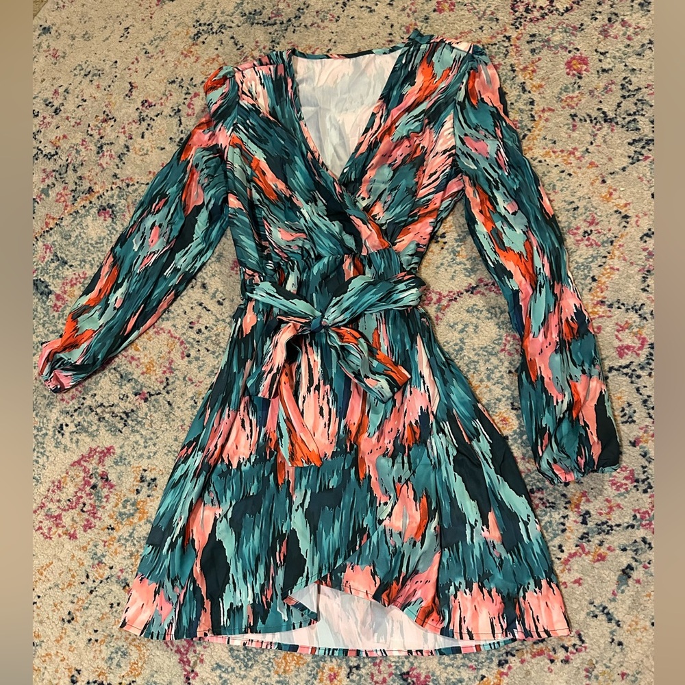 Tropical SHEIN waist tie dress, women’s party dress, size L 8/10, short dress